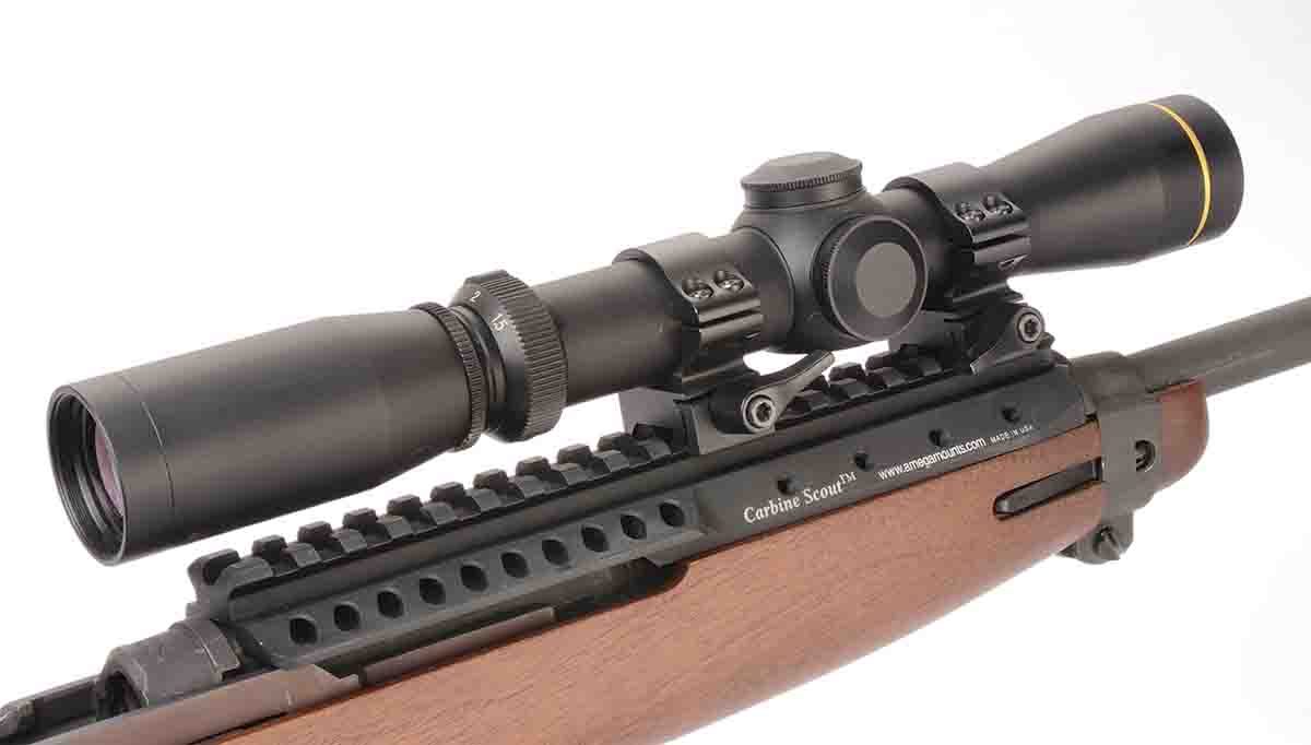 This Picatinny rail is supplied by Inland on the Jungle Carbine with a 1-4x Leupold Scout scope. The scope was secured to the rail with rings supplied by Accumounts.